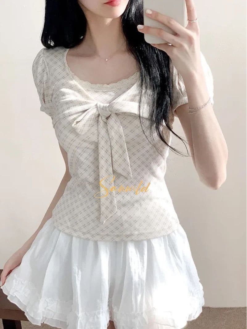 여름 새로운 한 부서 레이스 레이스 체크무늬 나비 매듭 긍정적 인 어깨 임산부 티셔츠 여성 슬림해 보이는 디자인 허리 수축 맨위 상세 이미지 3