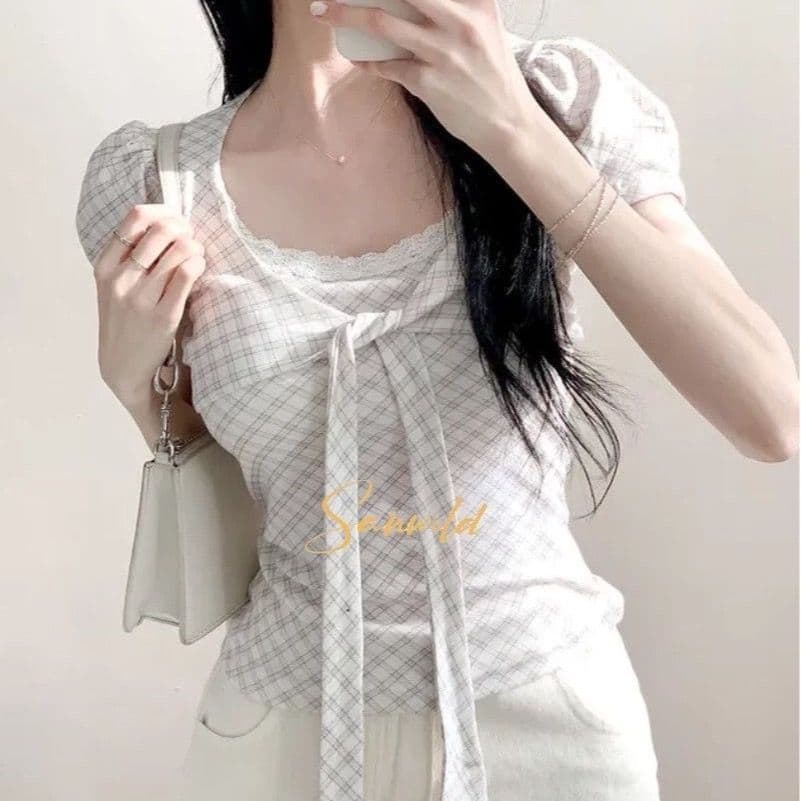 여름 새로운 한 부서 레이스 레이스 체크무늬 나비 매듭 긍정적 인 어깨 임산부 티셔츠 여성 슬림해 보이는 디자인 허리 수축 맨위 상세 이미지 5