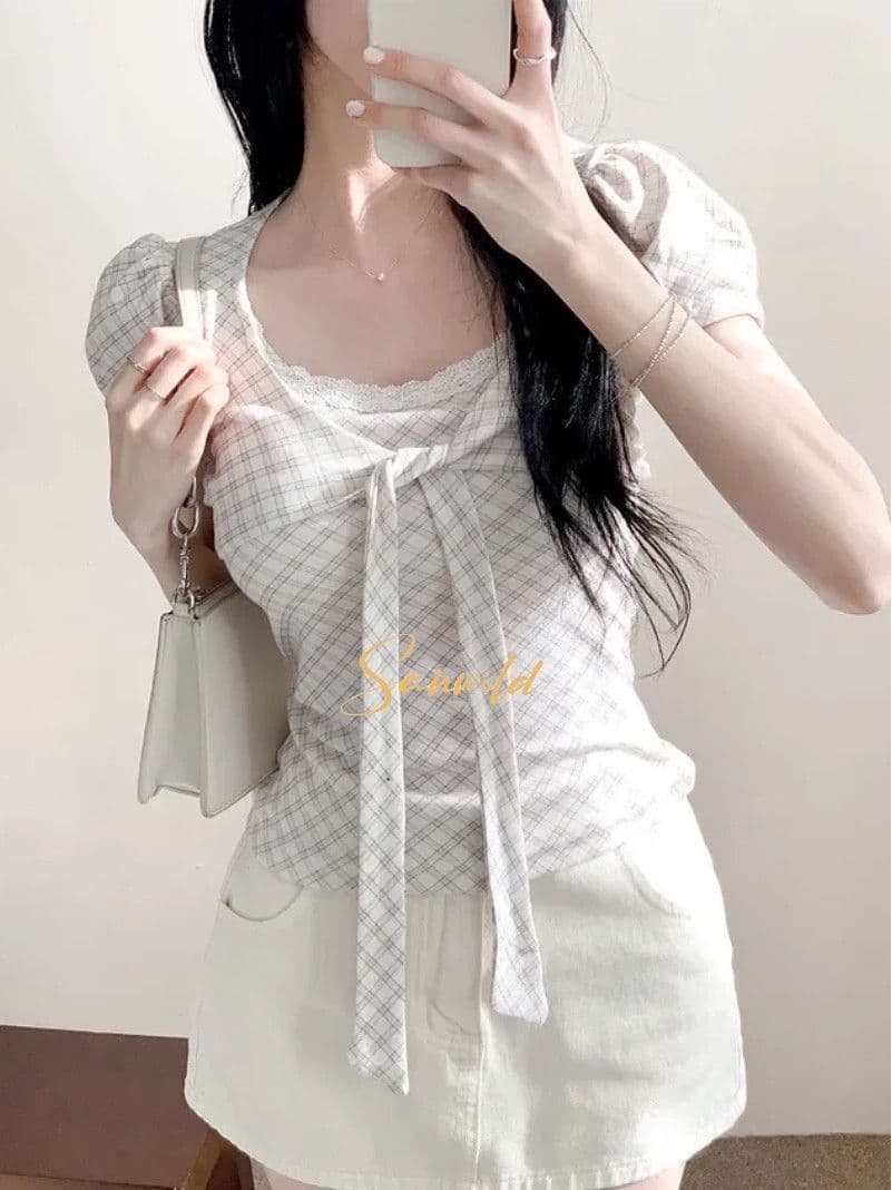 여름 새로운 한 부서 레이스 레이스 체크무늬 나비 매듭 긍정적 인 어깨 임산부 티셔츠 여성 슬림해 보이는 디자인 허리 수축 맨위 상세 이미지 9