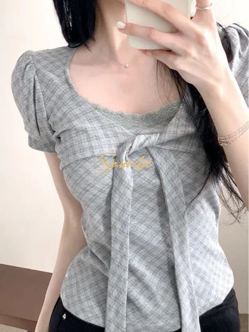 여름 새로운 한 부서 레이스 레이스 체크무늬 나비 매듭 긍정적 인 어깨 임산부 티셔츠 여성 슬림해 보이는 디자인 허리 수축 맨위 상세 이미지 11