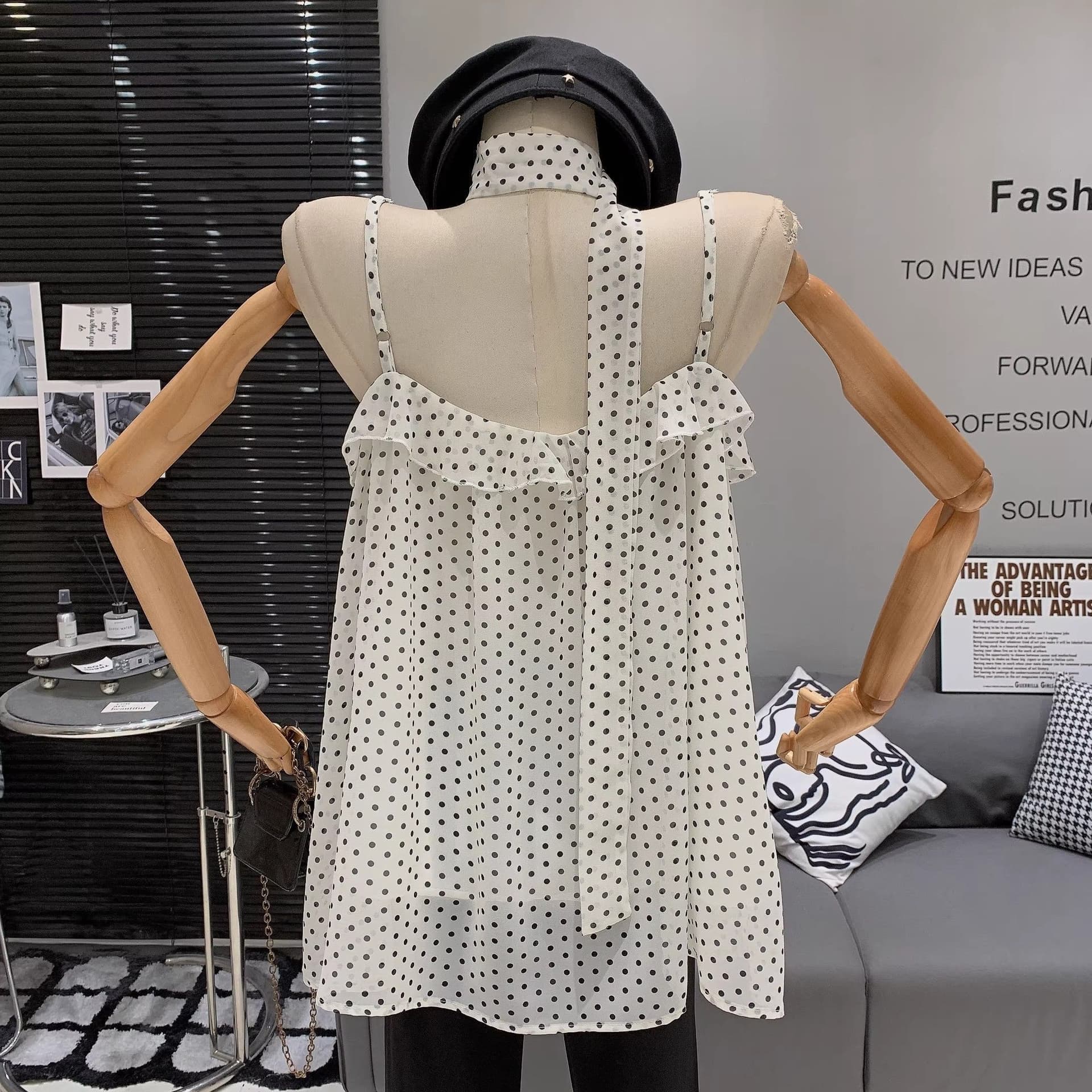 슬립 맨위 여름 외출용 패션 다용도 슬림해 보이는 여성 셔츠 고급 도트 무늬 리본 캐미솔 맨위 상세 이미지 5