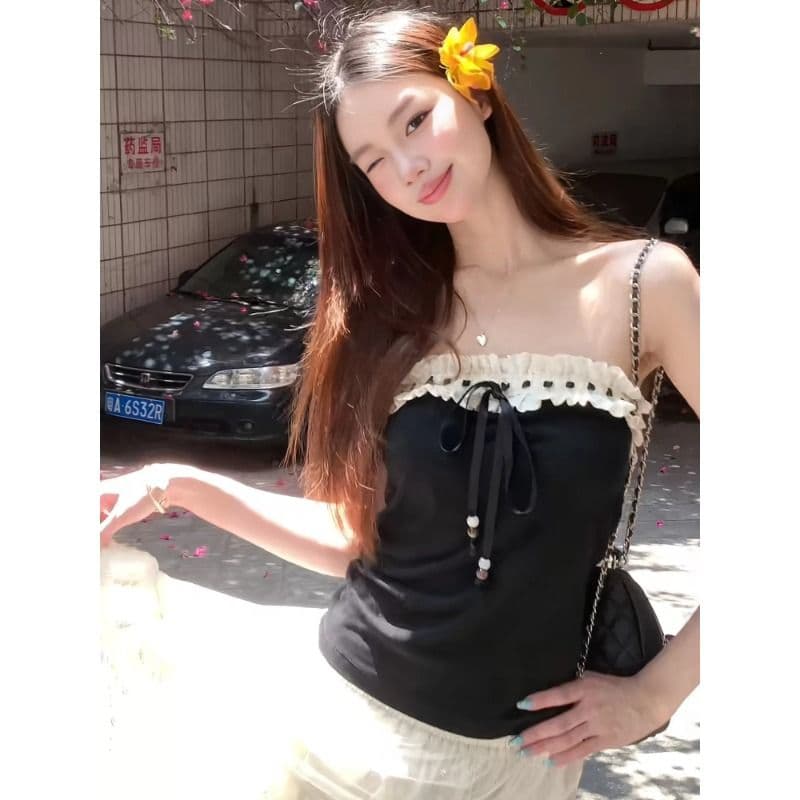 사람들 면 260 그램 나비 매듭 프릴 튜브탑 조끼 여성 여름 레이스업 몸매 가꾸기 슬림해 보이는 맨위 이미지 3