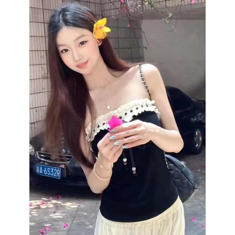 사람들 면 260 그램 나비 매듭 프릴 튜브탑 조끼 여성 여름 레이스업 몸매 가꾸기 슬림해 보이는 맨위 이미지 5