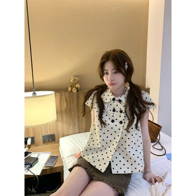 디자인 센스 도트 무늬 베이비 칼라 반팔 여성 셔츠 여름 작은 키 이중 버튼 디자인 센스 맨위 다용도 이미지 3