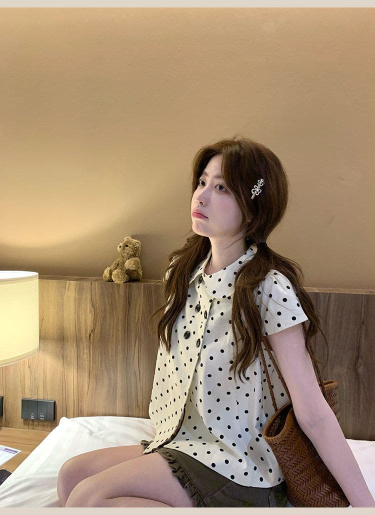 디자인 센스 도트 무늬 베이비 칼라 반팔 여성 셔츠 여름 작은 키 이중 버튼 디자인 센스 맨위 다용도 상세 이미지 3