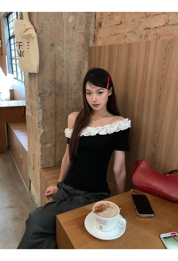 사람들 면 260 그램 검정색 슬림해 보이는 프랑스식 디자인 센스 작은 대중 여름 새로운 오프숄더 비스듬한 어깨 의류 상세 이미지 8