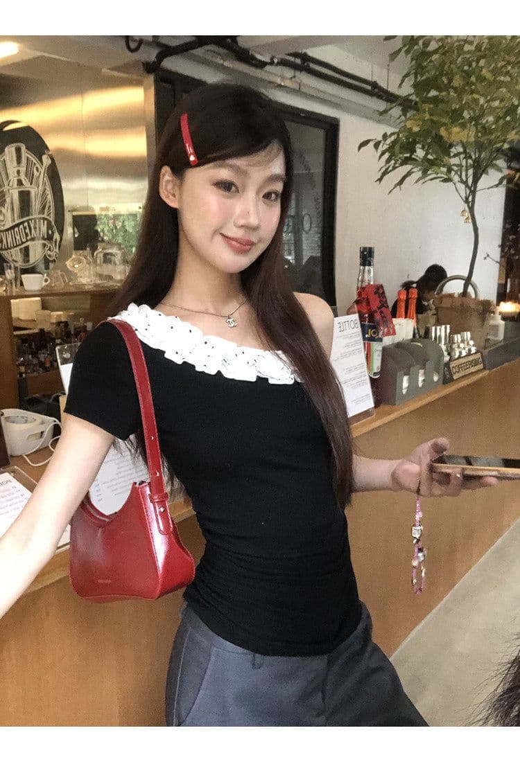 사람들 면 260 그램 검정색 슬림해 보이는 프랑스식 디자인 센스 작은 대중 여름 새로운 오프숄더 비스듬한 어깨 의류 상세 이미지 9