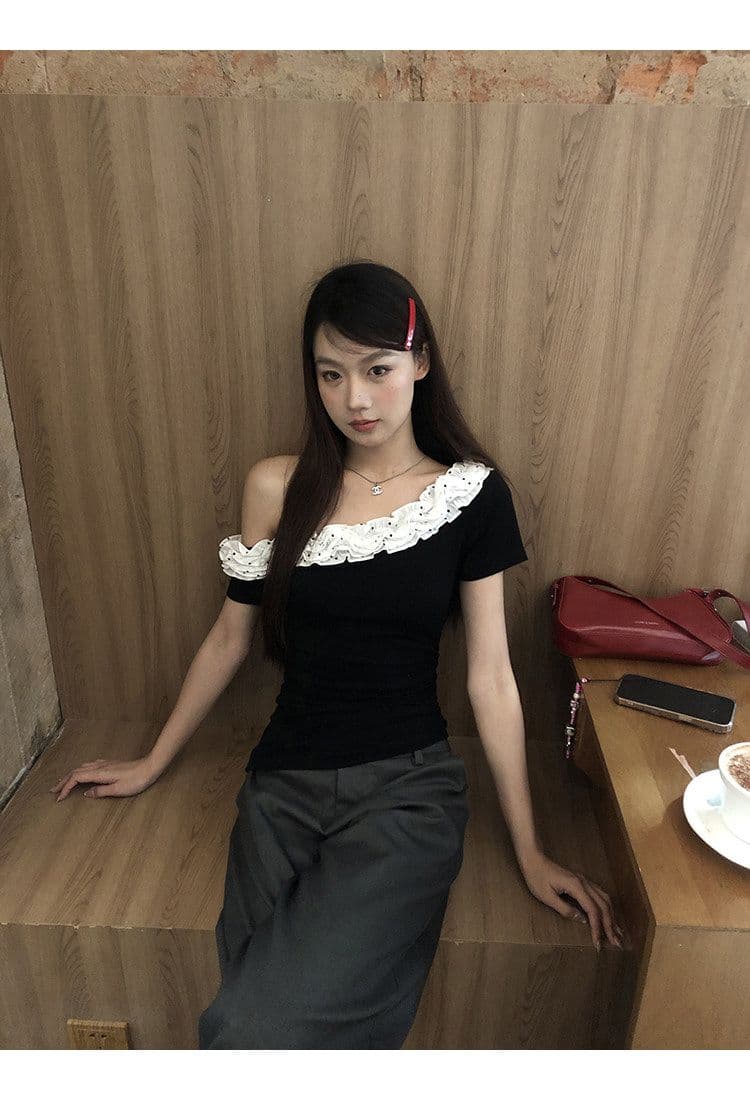 사람들 면 260 그램 검정색 슬림해 보이는 프랑스식 디자인 센스 작은 대중 여름 새로운 오프숄더 비스듬한 어깨 의류 상세 이미지 10