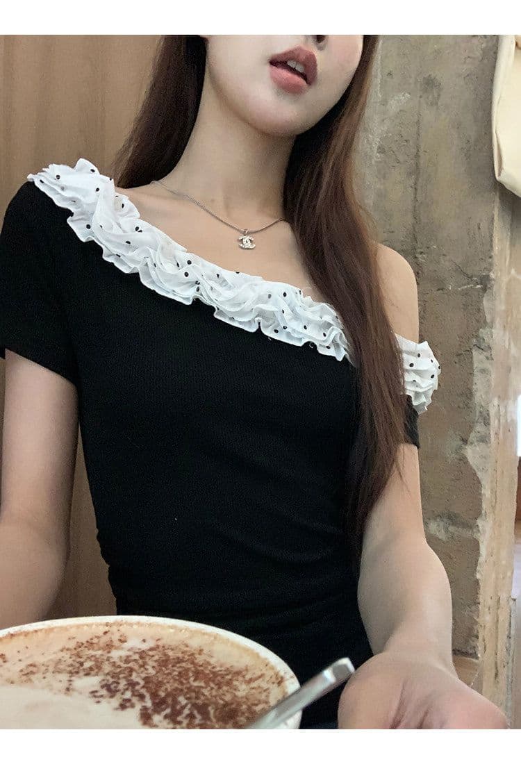 사람들 면 260 그램 검정색 슬림해 보이는 프랑스식 디자인 센스 작은 대중 여름 새로운 오프숄더 비스듬한 어깨 의류 상세 이미지 11