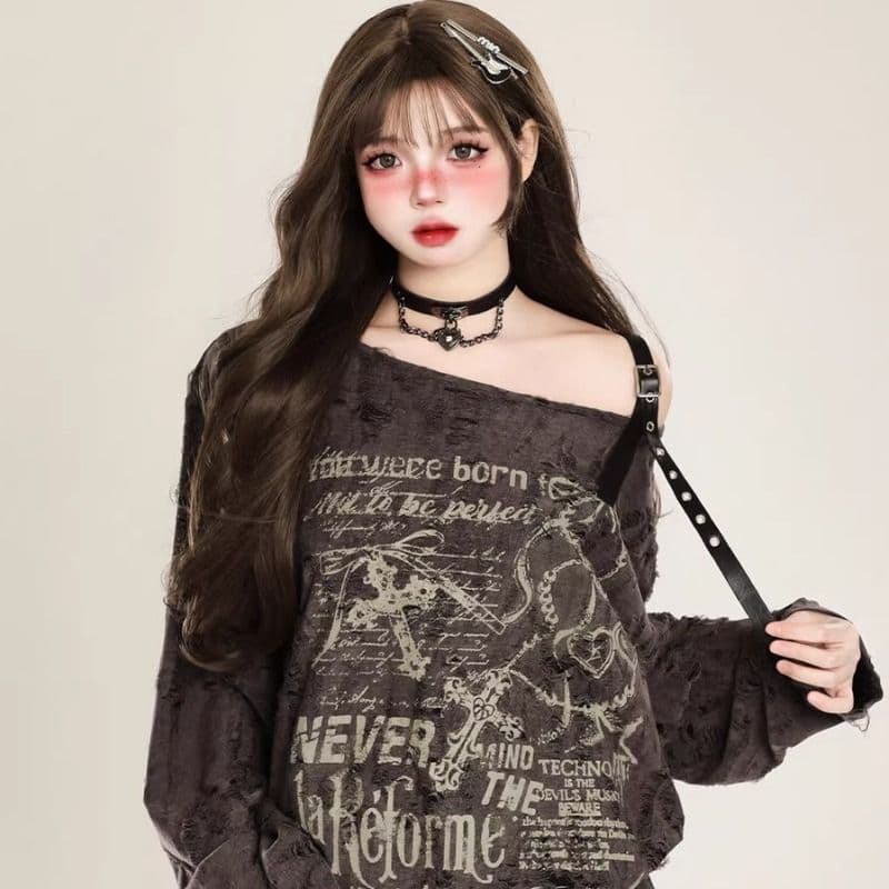오프숄더 프린트 자외선 차단 블라우스 여성 이른 가을 찢어진 부분 루즈핏 느긋한 바람 긴팔 맨위 상세 이미지 2