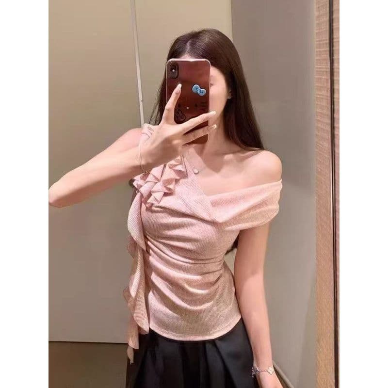 주간 실크 리브 프랑스식 순수한 욕망 바람 디자인 센스 작은 대중 맨위 흔들다 칼라 리본 새는 어깨 슛 쇼네 조각 몸매 가꾸기 티셔츠 이미지 4