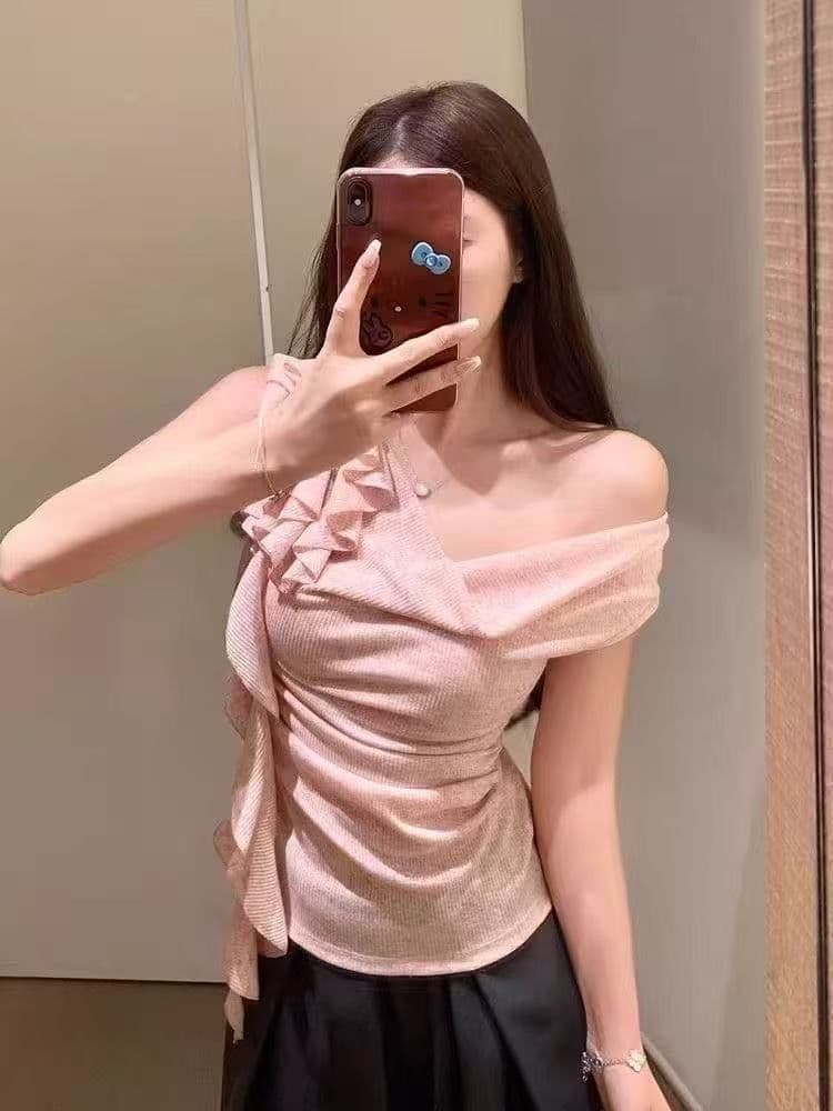 주간 실크 리브 프랑스식 순수한 욕망 바람 디자인 센스 작은 대중 맨위 흔들다 칼라 리본 새는 어깨 슛 쇼네 조각 몸매 가꾸기 티셔츠 상세 이미지 4