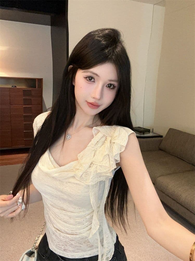 주간 실크 리브 프랑스식 순수한 욕망 바람 디자인 센스 작은 대중 맨위 흔들다 칼라 리본 새는 어깨 슛 쇼네 조각 몸매 가꾸기 티셔츠 상세 이미지 12