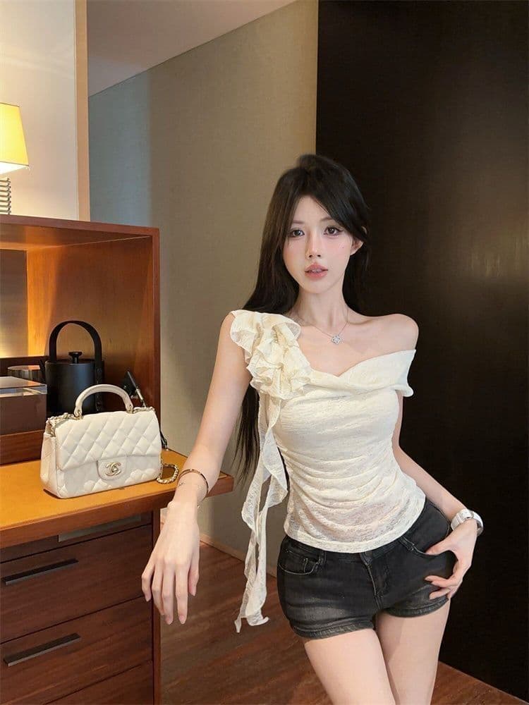 주간 실크 리브 프랑스식 순수한 욕망 바람 디자인 센스 작은 대중 맨위 흔들다 칼라 리본 새는 어깨 슛 쇼네 조각 몸매 가꾸기 티셔츠 상세 이미지 15