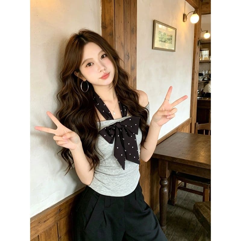 천년기 바람 핫걸 착용 가져 가라. 2026 새로운 디자인 센스 보트넥 새는 어깨 맨위 몸매 가꾸기 슬림해 보이는 티셔츠 맨위 상세 이미지 3