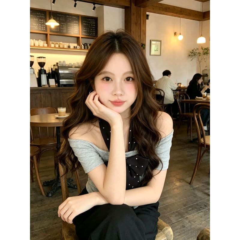 천년기 바람 핫걸 착용 가져 가라. 2026 새로운 디자인 센스 보트넥 새는 어깨 맨위 몸매 가꾸기 슬림해 보이는 티셔츠 맨위 상세 이미지 7