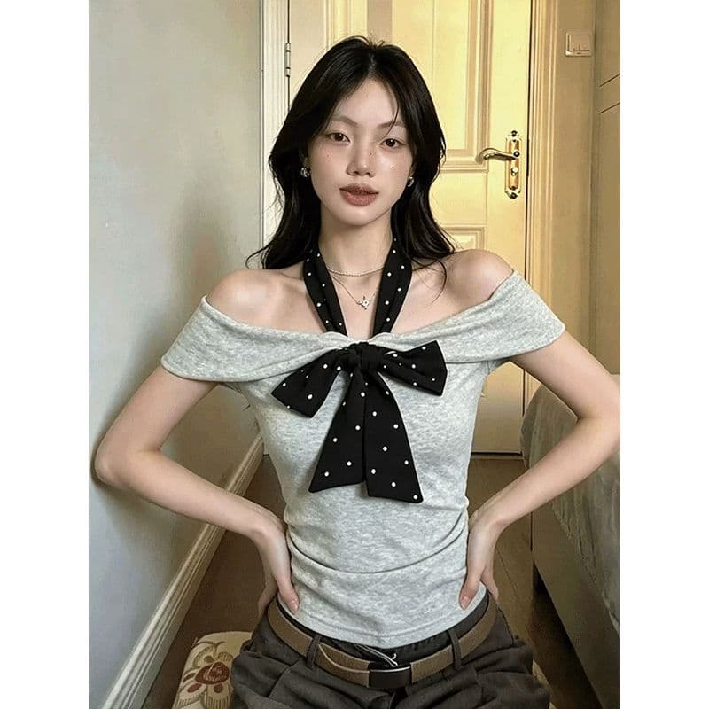 40 순면 리브 210 그램 리본 새로운 순수한 욕망 핫걸 도트 무늬 넥타이 오프숄더 반팔 상세 이미지 4
