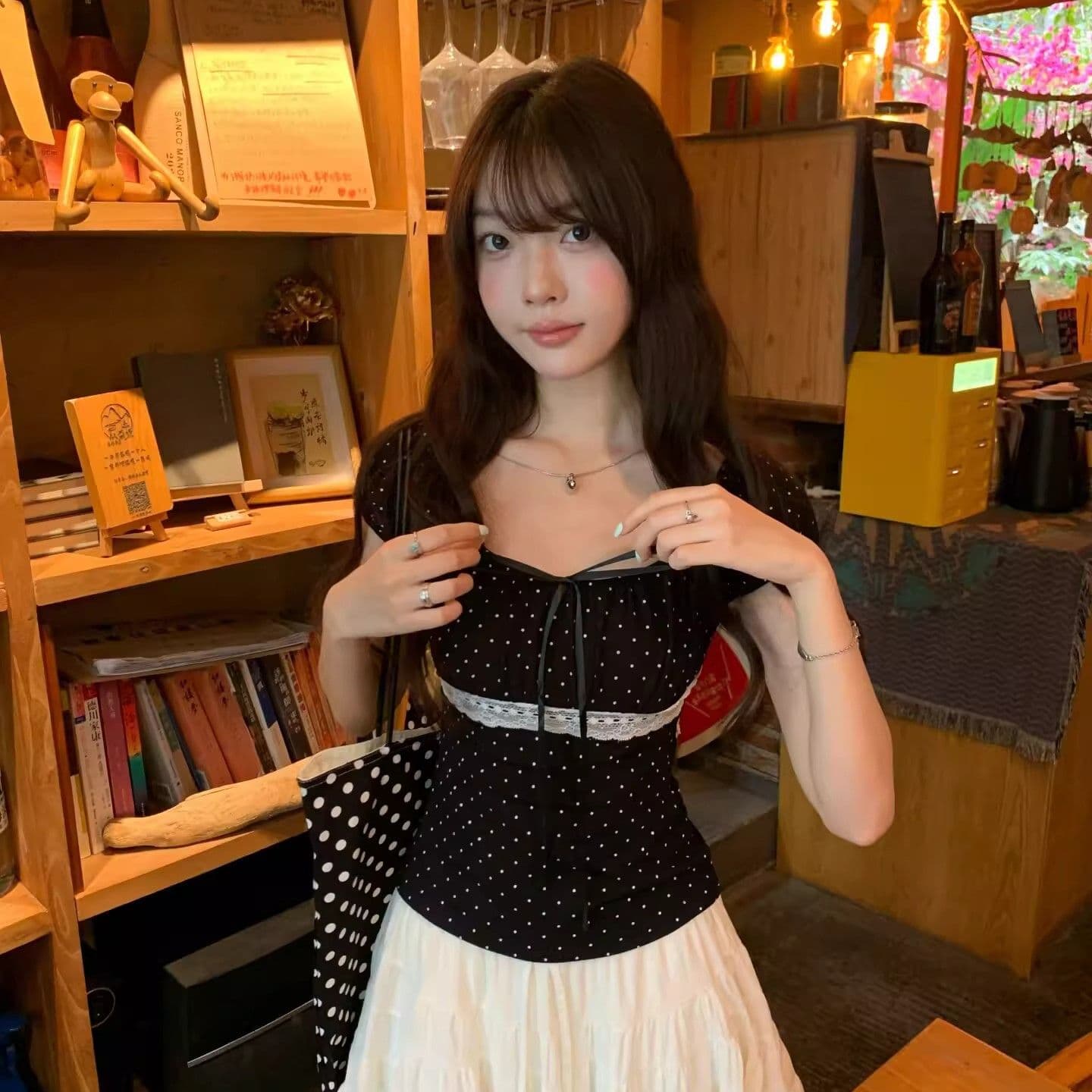 원본 좋은 품질 레이스 사람들 면 여름 새로운 달콤한 매운맛 레이스 조각 도트 무늬 광장 칼라 반팔