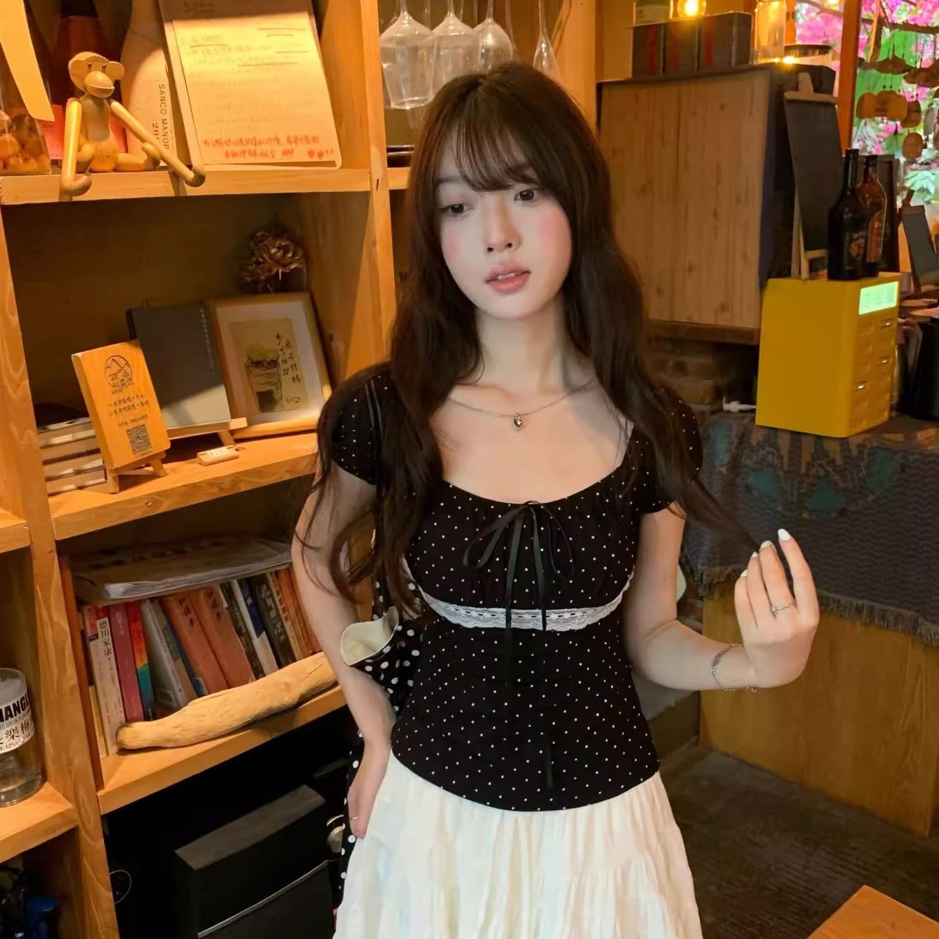 원본 좋은 품질 레이스 사람들 면 여름 새로운 달콤한 매운맛 레이스 조각 도트 무늬 광장 칼라 반팔 이미지 2