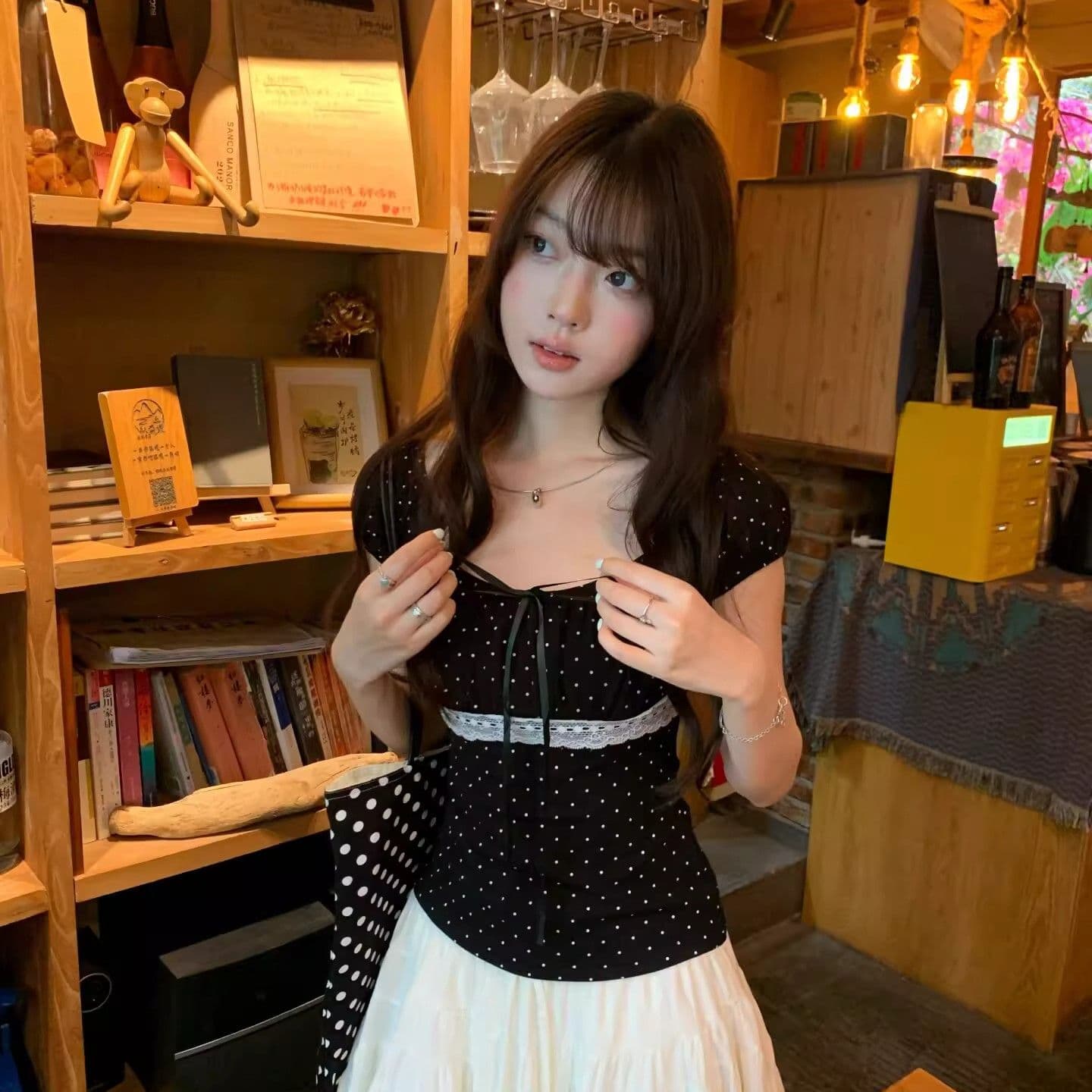 원본 좋은 품질 레이스 사람들 면 여름 새로운 달콤한 매운맛 레이스 조각 도트 무늬 광장 칼라 반팔 이미지 3
