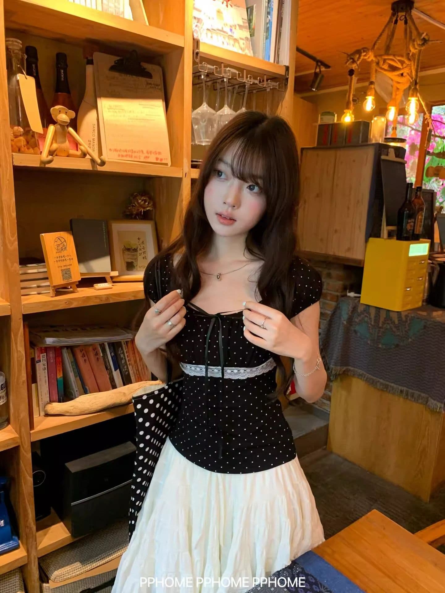 원본 좋은 품질 레이스 사람들 면 여름 새로운 달콤한 매운맛 레이스 조각 도트 무늬 광장 칼라 반팔 상세 이미지 5