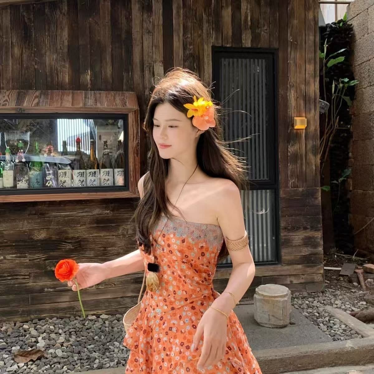 진주 쉬폰 디지털 휴가 바람 꽃무늬 불규칙 튜브탑 튜브탑 여성 의류 여름 새로운 맨위 상세 이미지 2