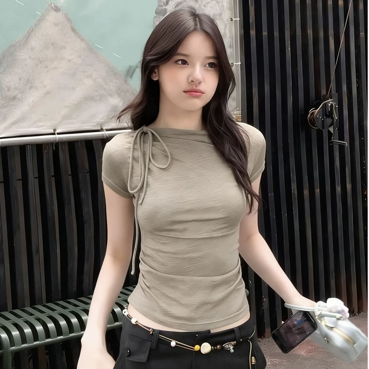 컬러 코튼 당겨 프레임 디자인 센스 주름 비스듬한 어깨 반팔 티셔츠 여성 여름 스트랩 몸매 가꾸기 슬림해 보이는 맨위 이미지 4