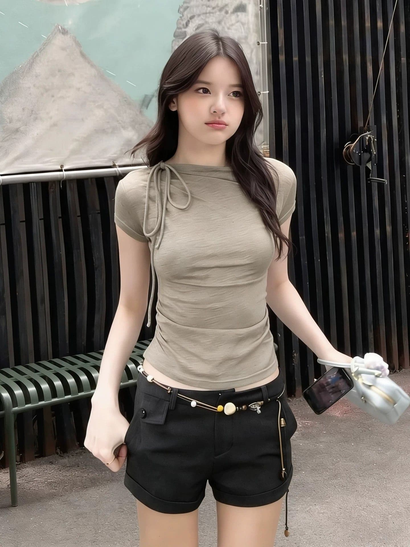 컬러 코튼 당겨 프레임 디자인 센스 주름 비스듬한 어깨 반팔 티셔츠 여성 여름 스트랩 몸매 가꾸기 슬림해 보이는 맨위 상세 이미지 5