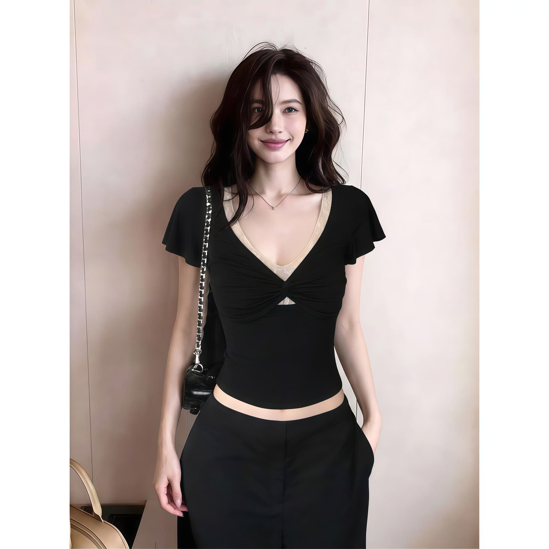 주간 실크 원단 순수한 욕망 레이스 조각 V넥 비틀림 페이크 레이어드 반팔 티셔츠 여성 여름 새로운 맨위 상세 이미지 2