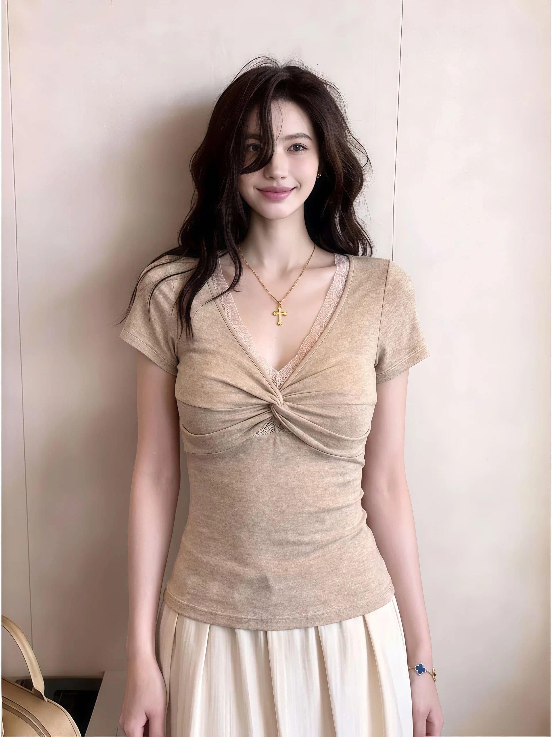 주간 실크 원단 순수한 욕망 레이스 조각 V넥 비틀림 페이크 레이어드 반팔 티셔츠 여성 여름 새로운 맨위 상세 이미지 6