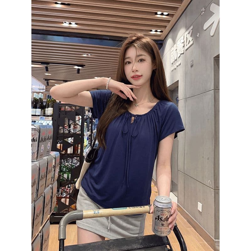 200그램 사람들 면 가벼움 도루 센스 좋은 핏 스타일 더 나은 디자인 센스 작은 대중 레이스업 화이트 반팔 티셔츠