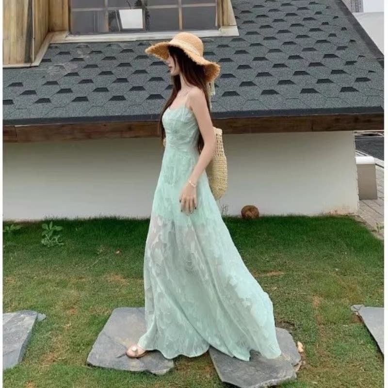 프랑스식 박하 녹색 슬립 여성 드레스 여름 2026 새로운 열린 봄 착용 가져 가라. 해변가 휴가 바람 허리 수축 롱 스커트 이미지 5