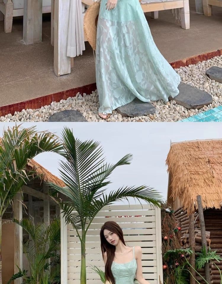 프랑스식 박하 녹색 슬립 여성 드레스 여름 2026 새로운 열린 봄 착용 가져 가라. 해변가 휴가 바람 허리 수축 롱 스커트 상세 이미지 16