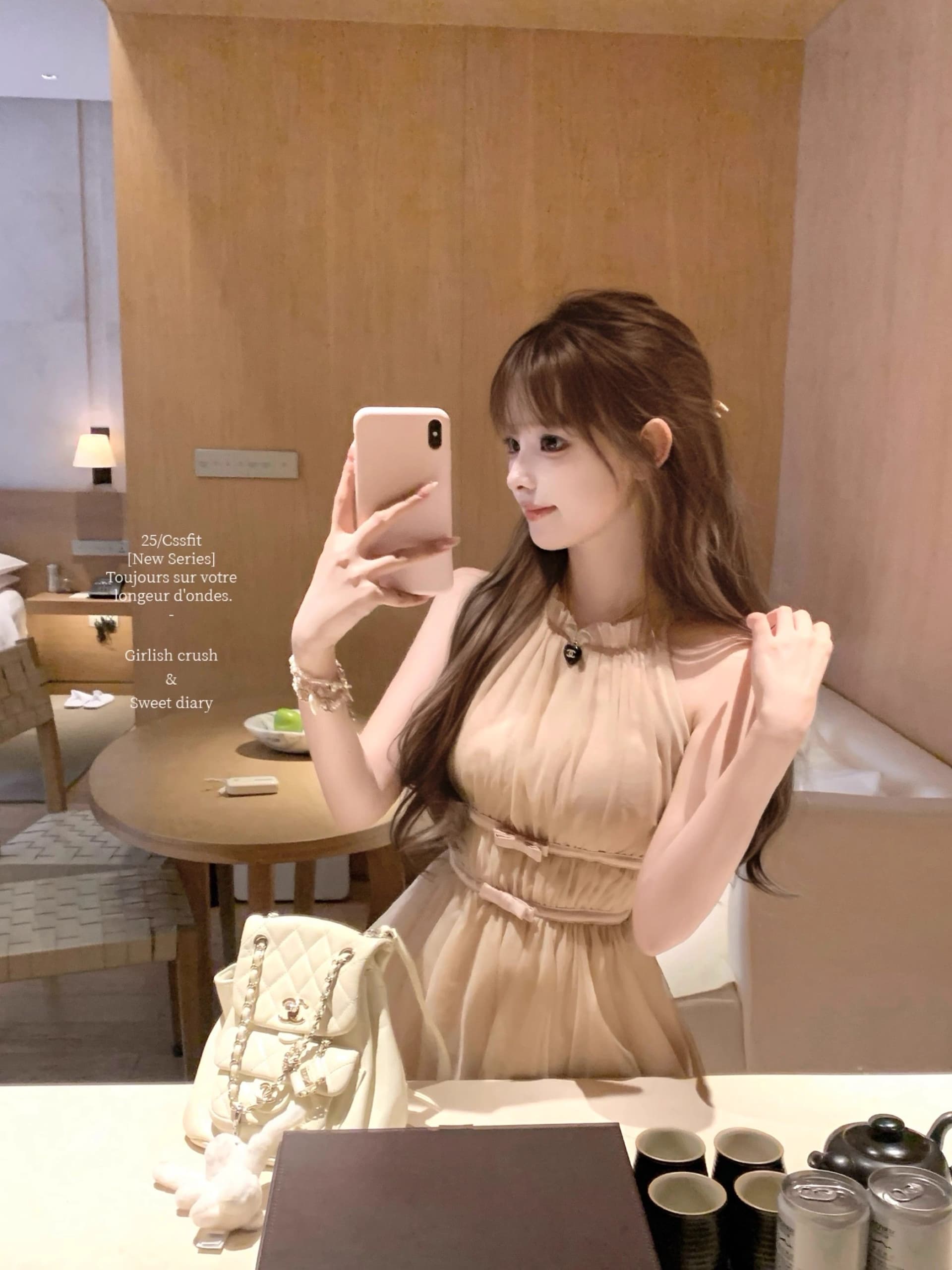 마이크로 알몸의 핑크색 행침 목 나비 매듭 불규칙 밑단 드레스 부드러운 바람 민소매 품격 명문 여성 망사 이미지 2