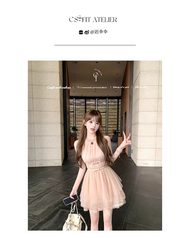 마이크로 알몸의 핑크색 행침 목 나비 매듭 불규칙 밑단 드레스 부드러운 바람 민소매 품격 명문 여성 망사 상세 이미지 2