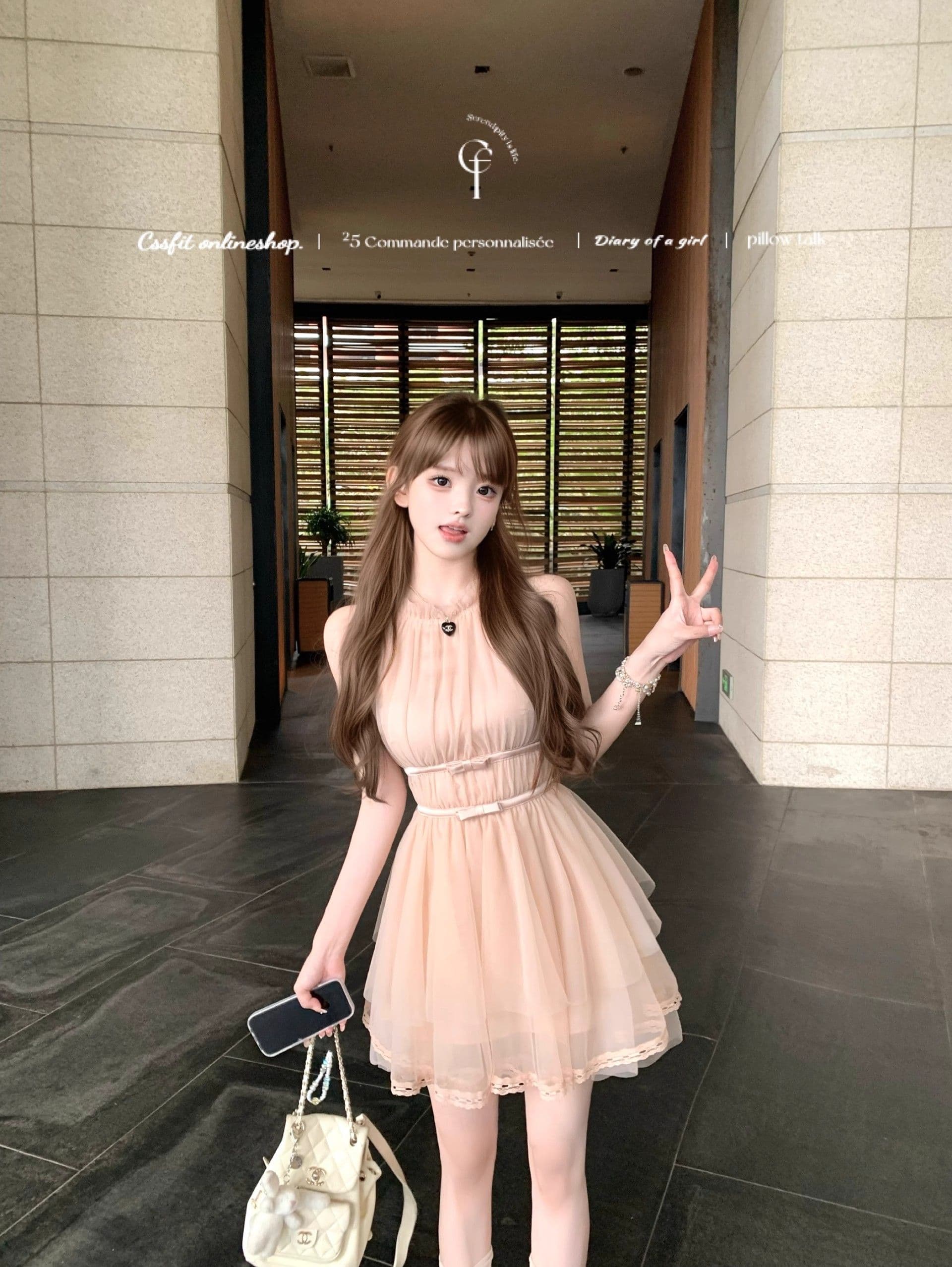 마이크로 알몸의 핑크색 행침 목 나비 매듭 불규칙 밑단 드레스 부드러운 바람 민소매 품격 명문 여성 망사 상세 이미지 3