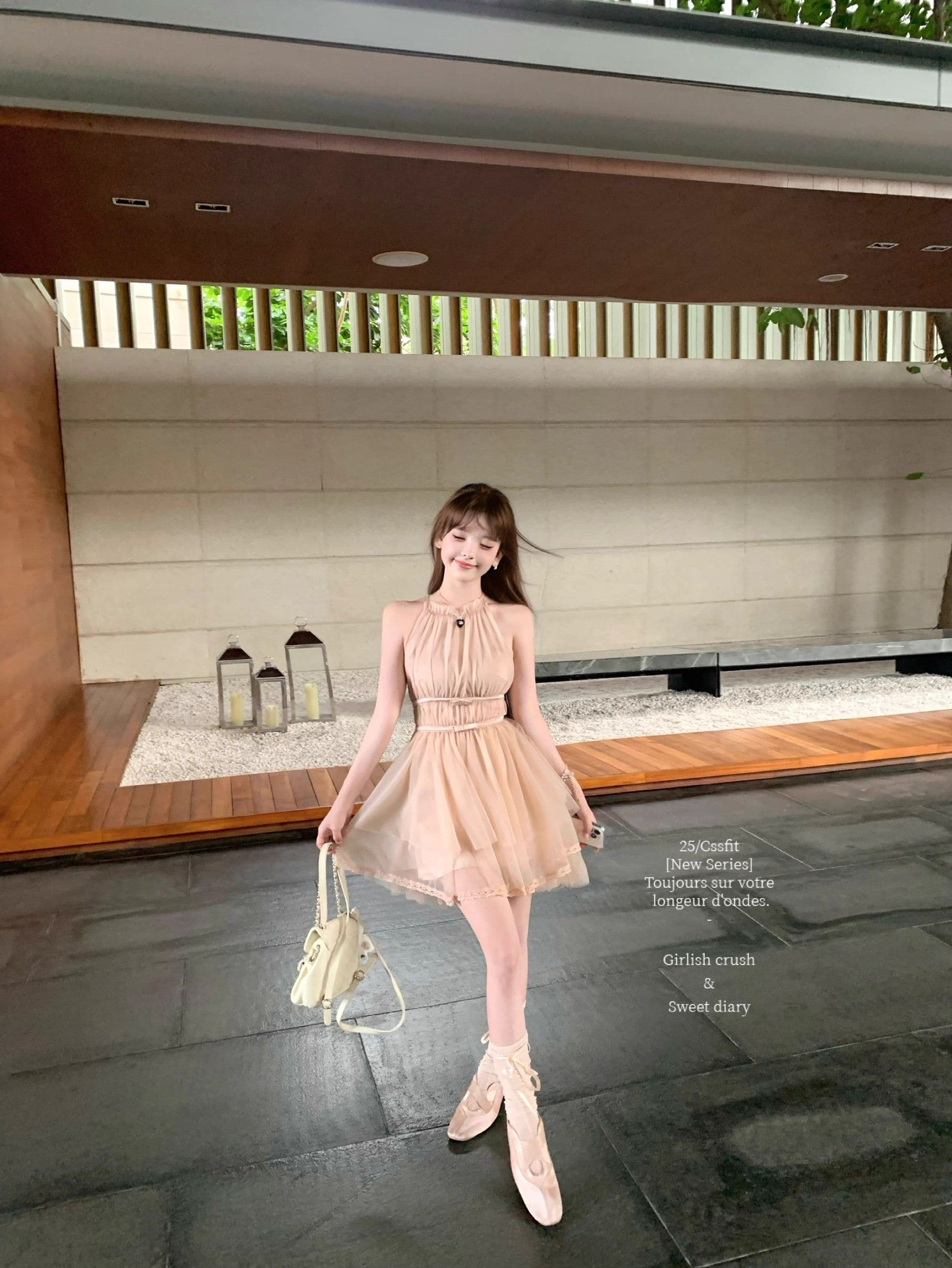 마이크로 알몸의 핑크색 행침 목 나비 매듭 불규칙 밑단 드레스 부드러운 바람 민소매 품격 명문 여성 망사 상세 이미지 4