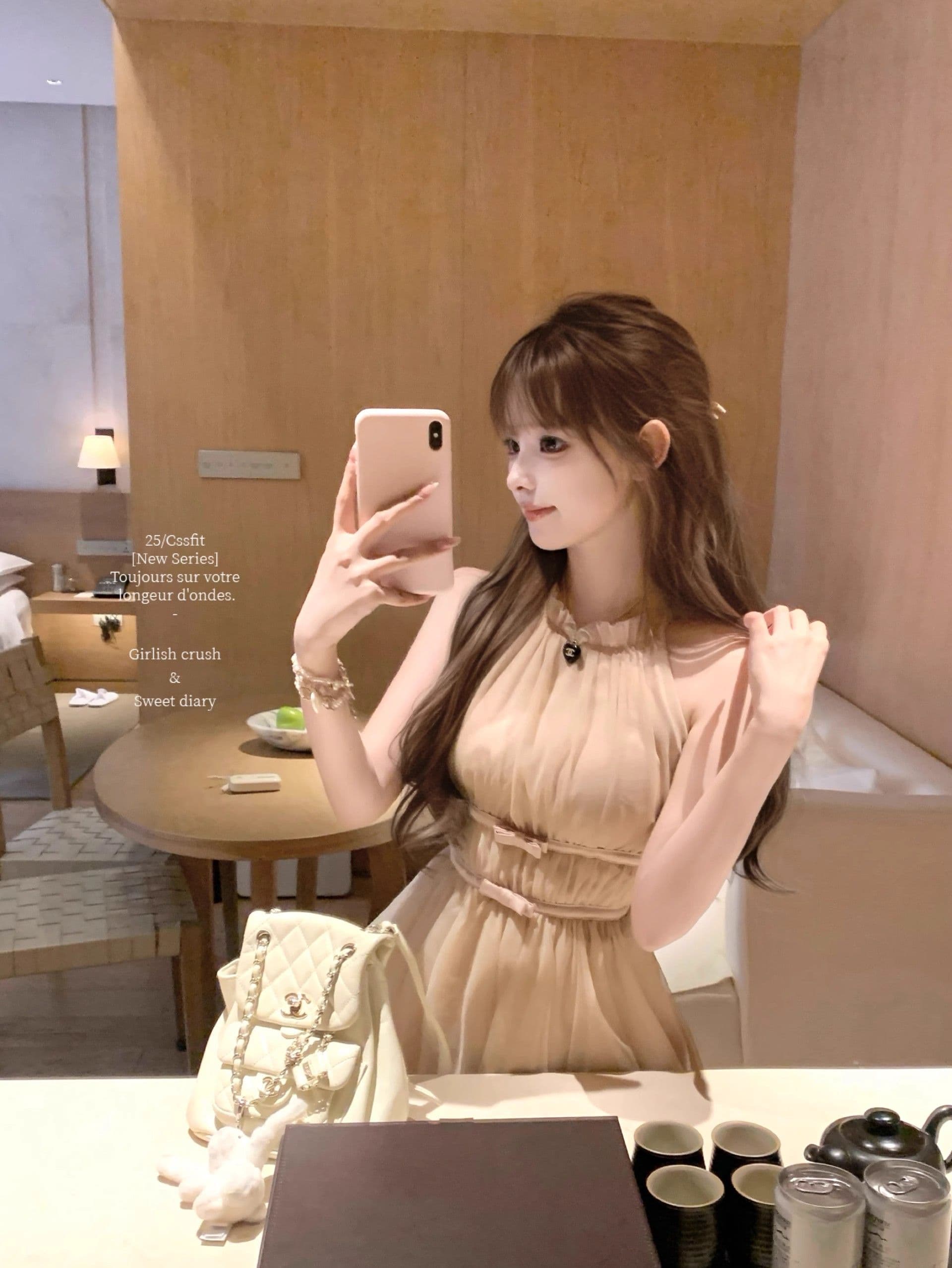 마이크로 알몸의 핑크색 행침 목 나비 매듭 불규칙 밑단 드레스 부드러운 바람 민소매 품격 명문 여성 망사 상세 이미지 5