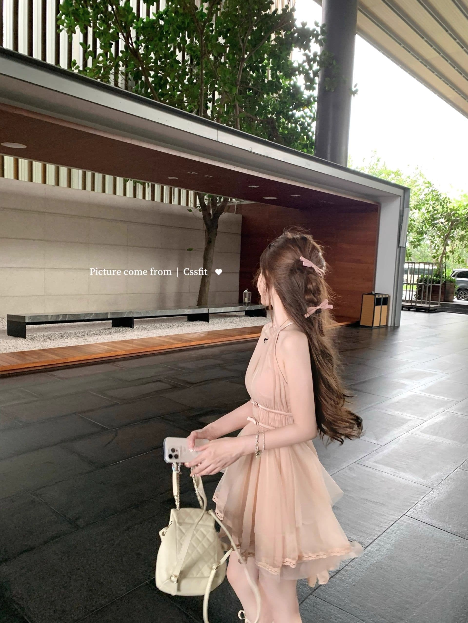 마이크로 알몸의 핑크색 행침 목 나비 매듭 불규칙 밑단 드레스 부드러운 바람 민소매 품격 명문 여성 망사 상세 이미지 6