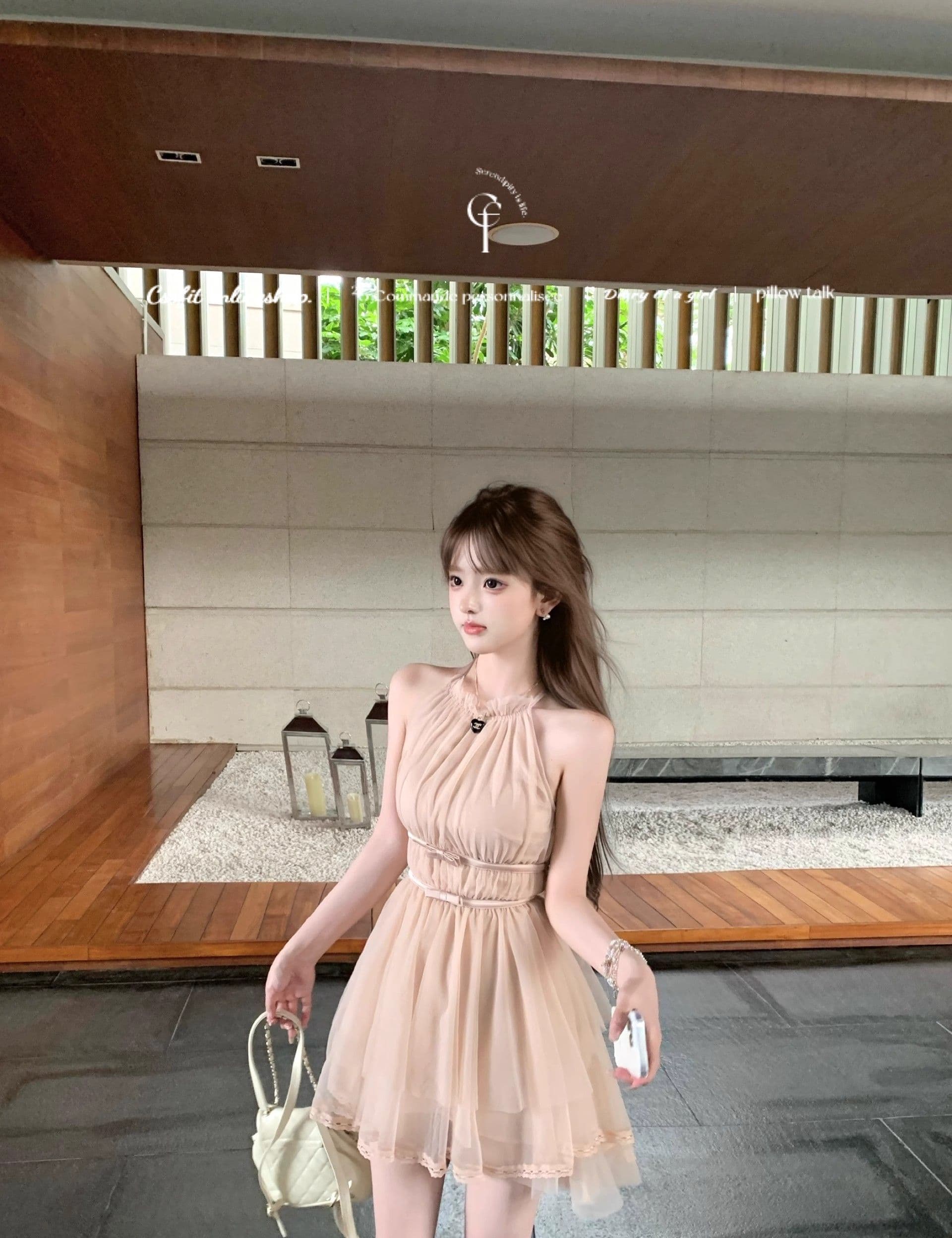 마이크로 알몸의 핑크색 행침 목 나비 매듭 불규칙 밑단 드레스 부드러운 바람 민소매 품격 명문 여성 망사 상세 이미지 9