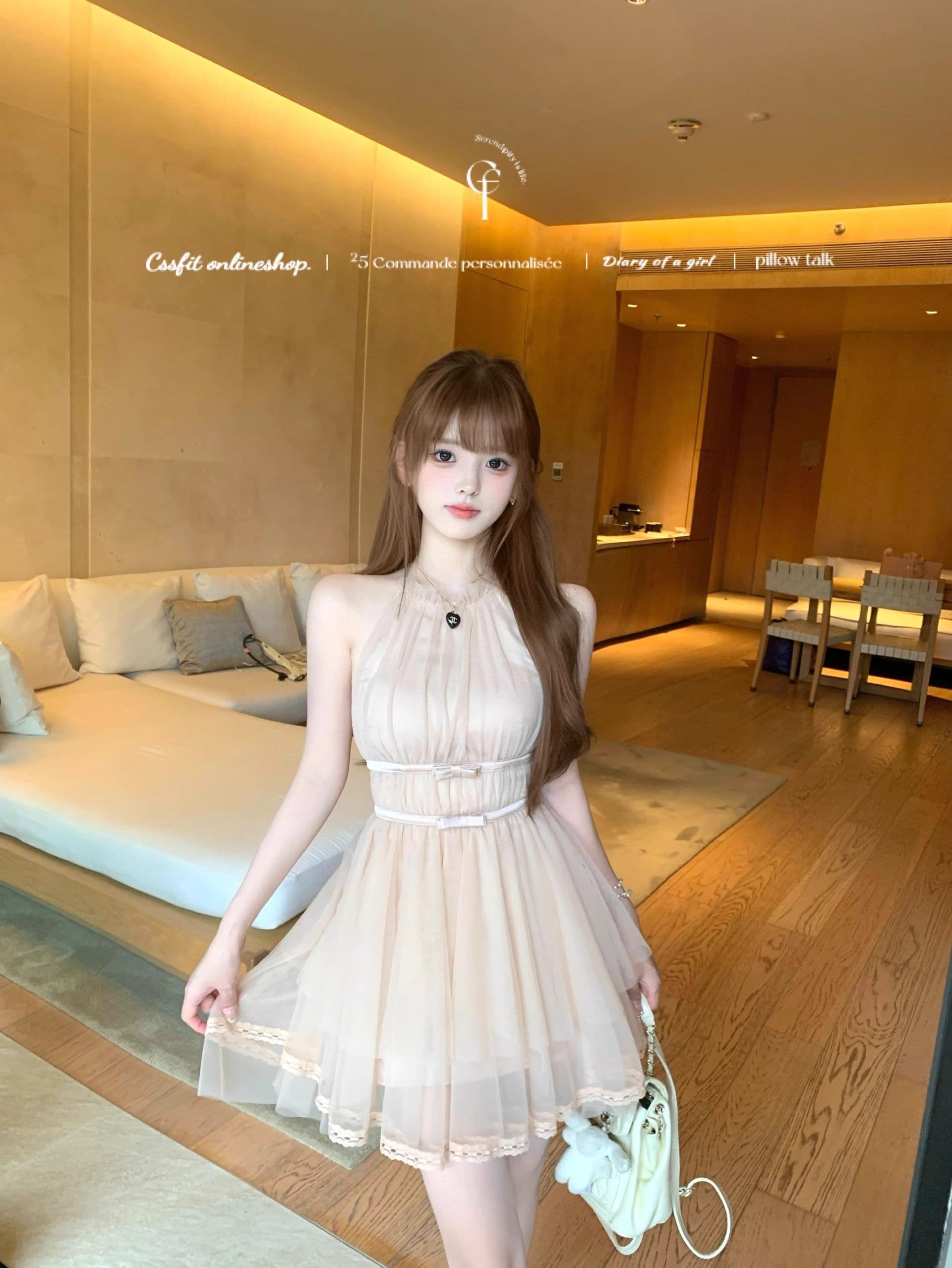마이크로 알몸의 핑크색 행침 목 나비 매듭 불규칙 밑단 드레스 부드러운 바람 민소매 품격 명문 여성 망사 상세 이미지 10