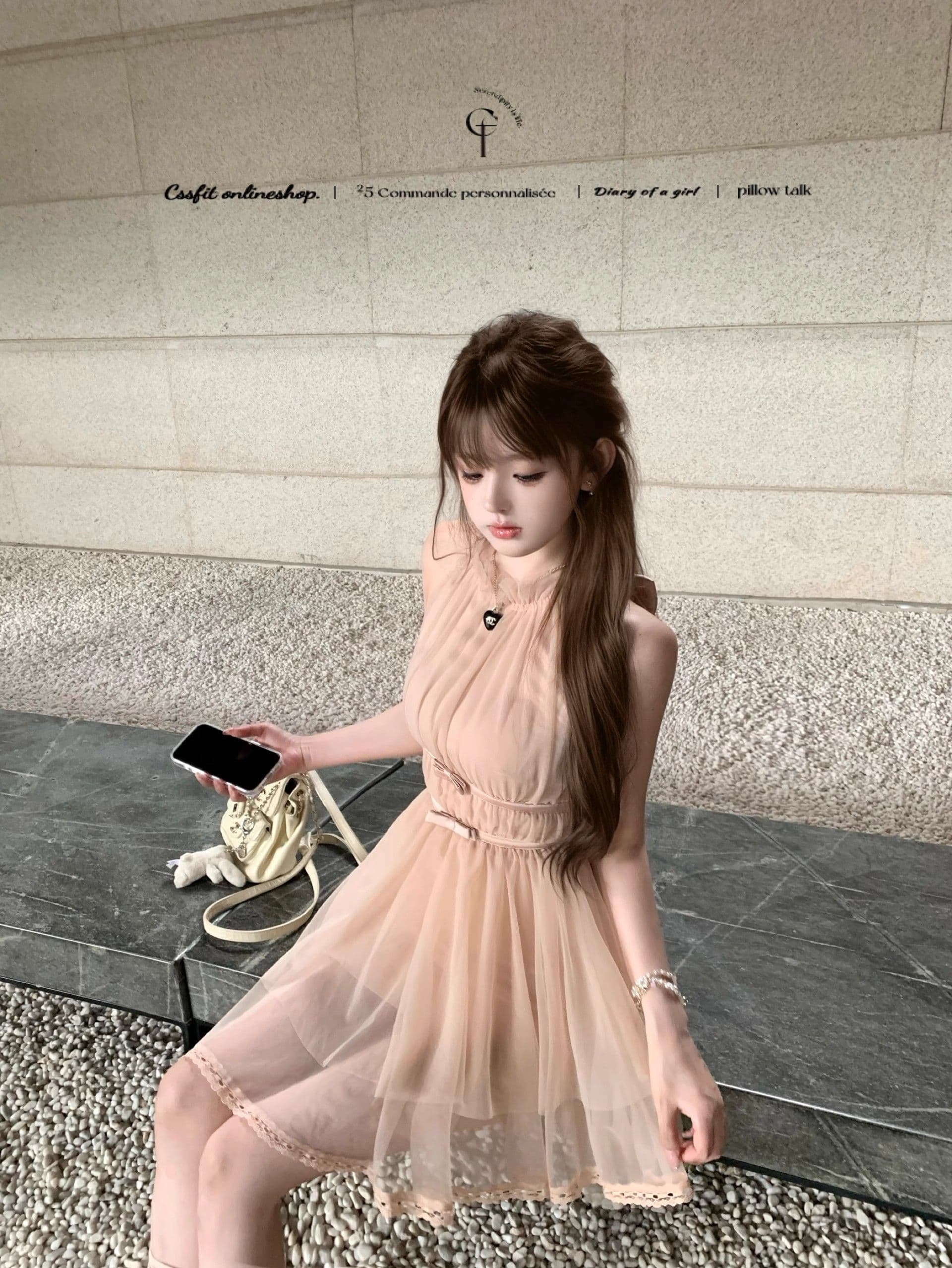 마이크로 알몸의 핑크색 행침 목 나비 매듭 불규칙 밑단 드레스 부드러운 바람 민소매 품격 명문 여성 망사 상세 이미지 11