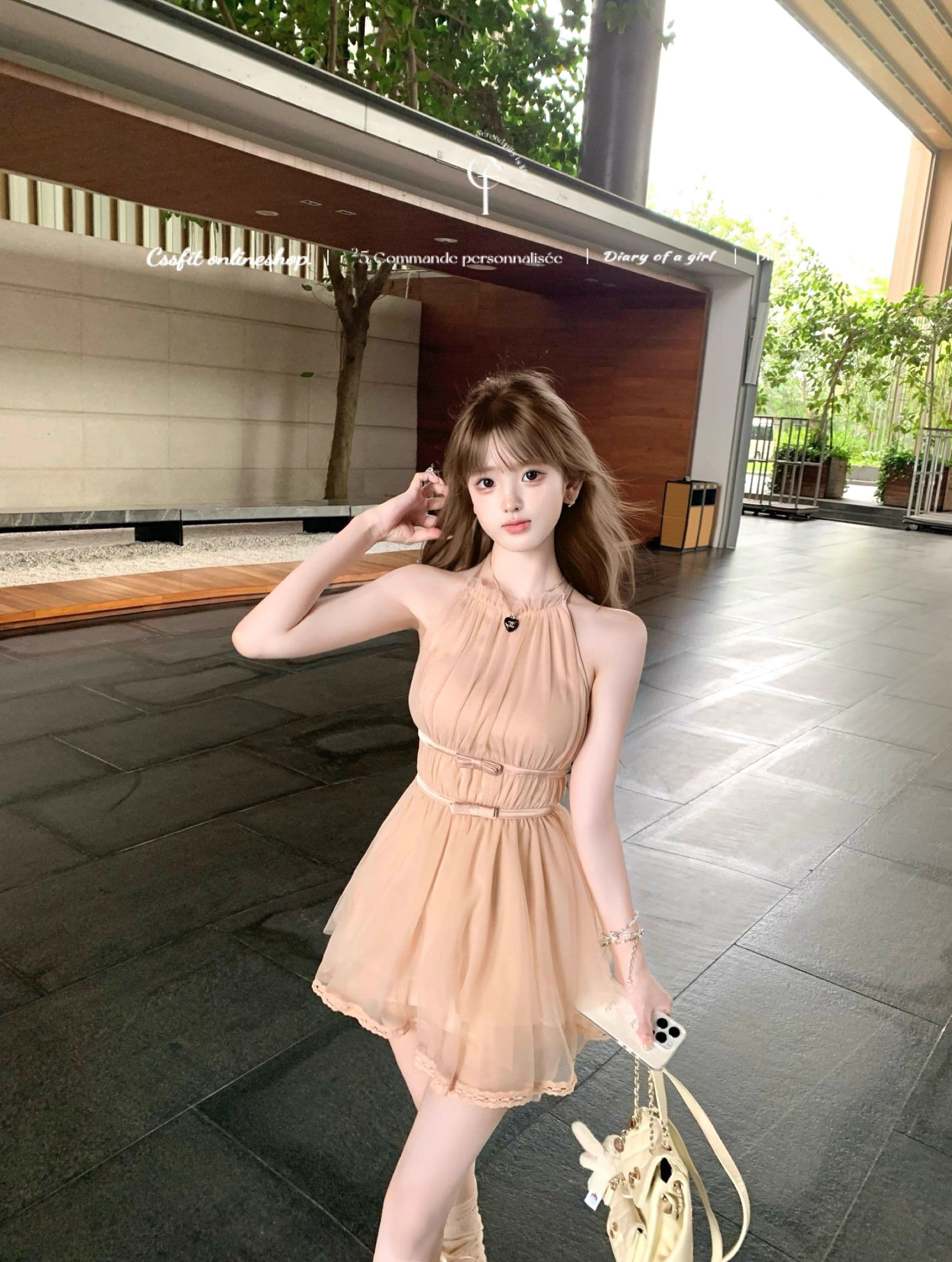 마이크로 알몸의 핑크색 행침 목 나비 매듭 불규칙 밑단 드레스 부드러운 바람 민소매 품격 명문 여성 망사 상세 이미지 12