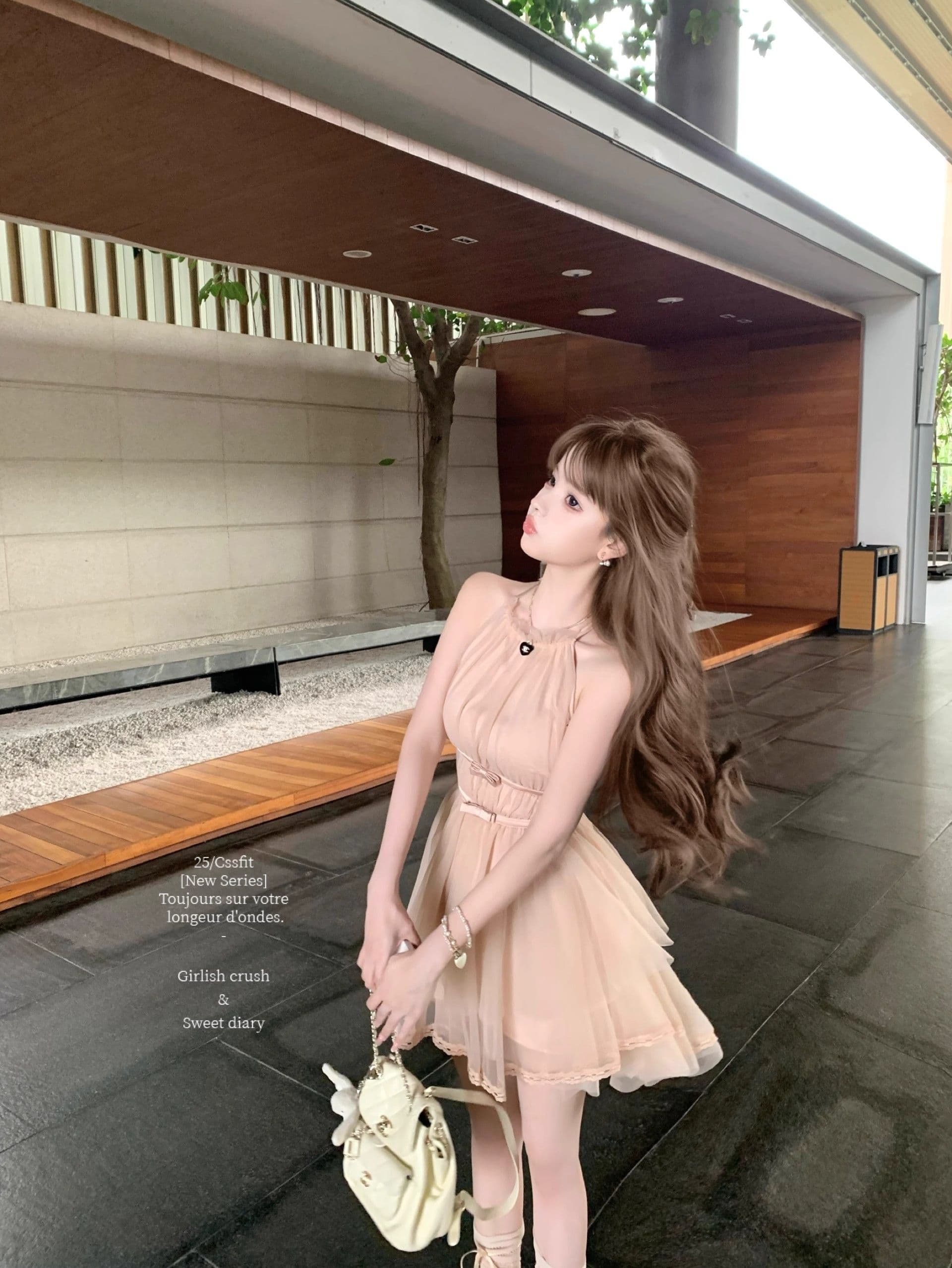 마이크로 알몸의 핑크색 행침 목 나비 매듭 불규칙 밑단 드레스 부드러운 바람 민소매 품격 명문 여성 망사 상세 이미지 14