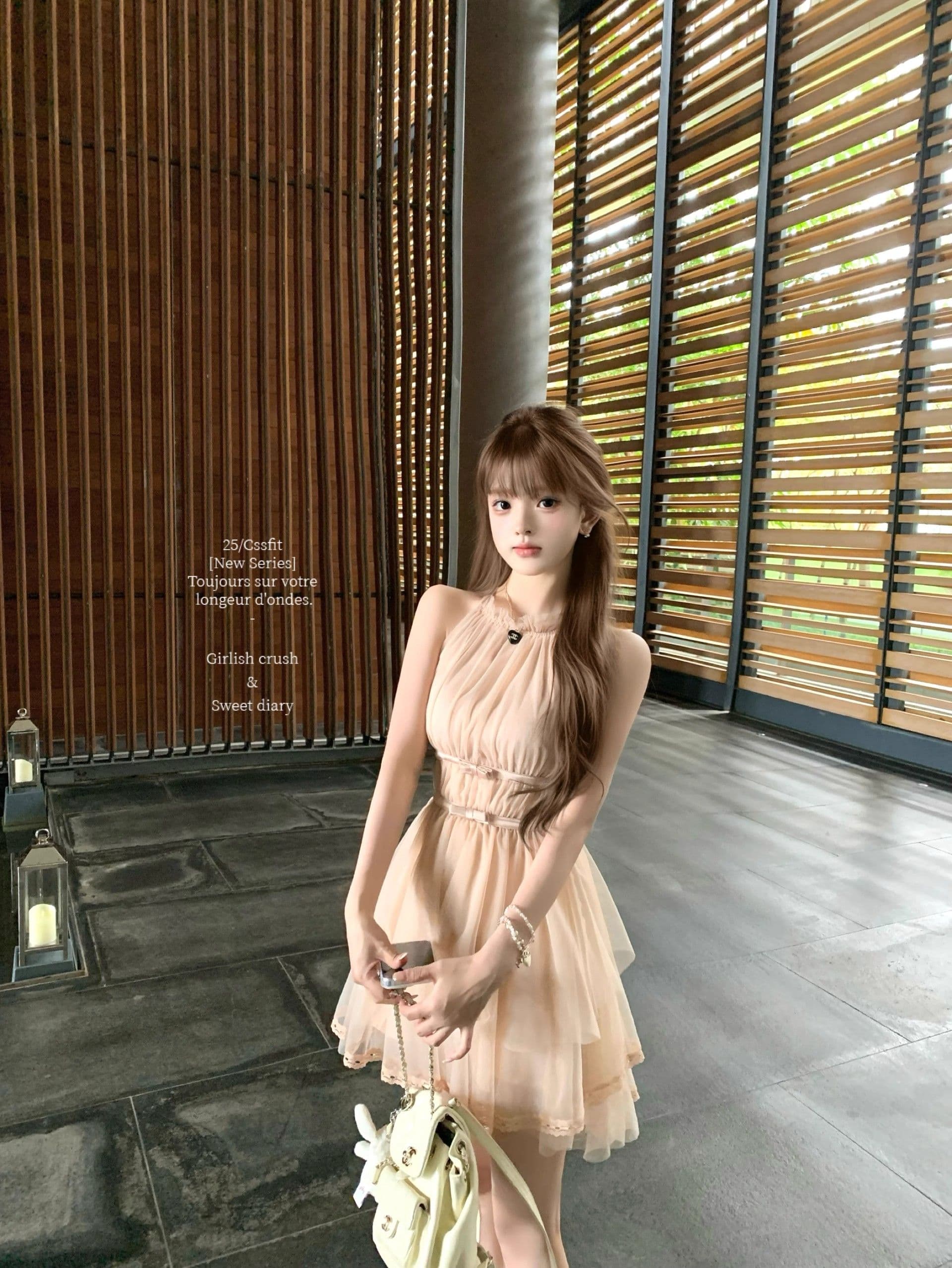 마이크로 알몸의 핑크색 행침 목 나비 매듭 불규칙 밑단 드레스 부드러운 바람 민소매 품격 명문 여성 망사 상세 이미지 18