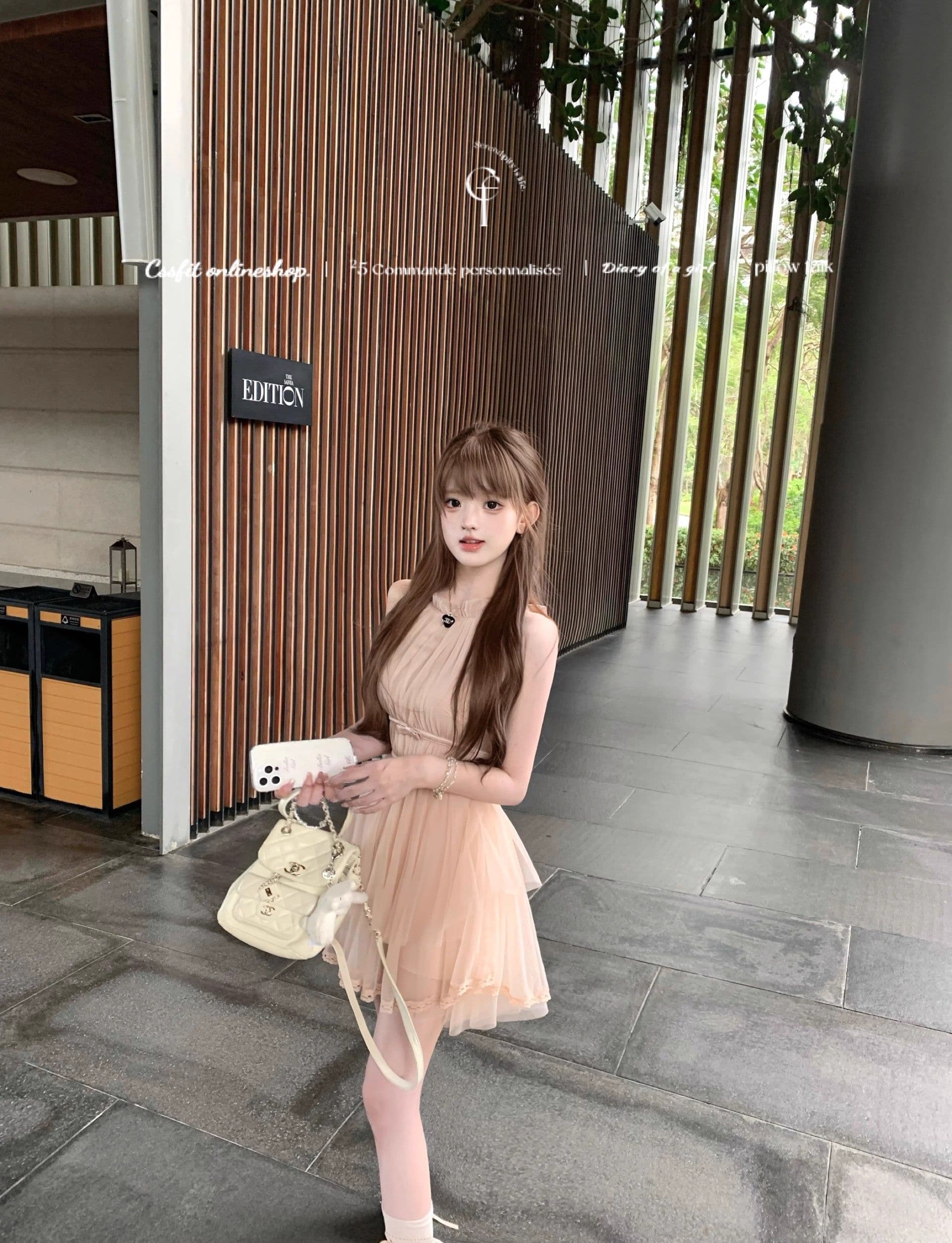 마이크로 알몸의 핑크색 행침 목 나비 매듭 불규칙 밑단 드레스 부드러운 바람 민소매 품격 명문 여성 망사 상세 이미지 22