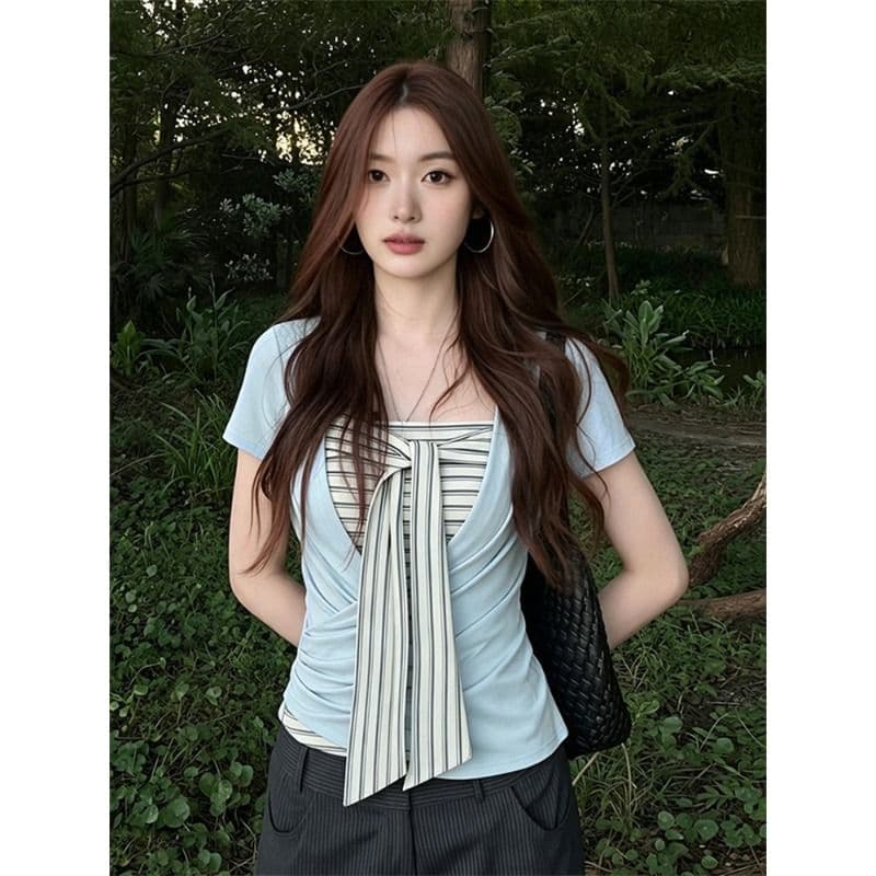원본 것 한 부서 반팔 티셔츠 투피스 슈트 여성 여름 스트라이프 튜브탑 조끼 몸매 가꾸기 디스플레이 맨위 이미지 5