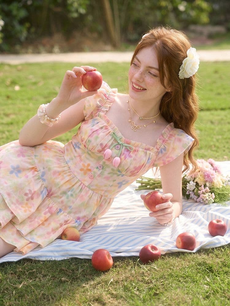 2026 새로운 광장 칼라 작은 날다 소매 허리 수축 프린트 한 마디 여성 드레스 여름 프랑스식 치마 이미지 3