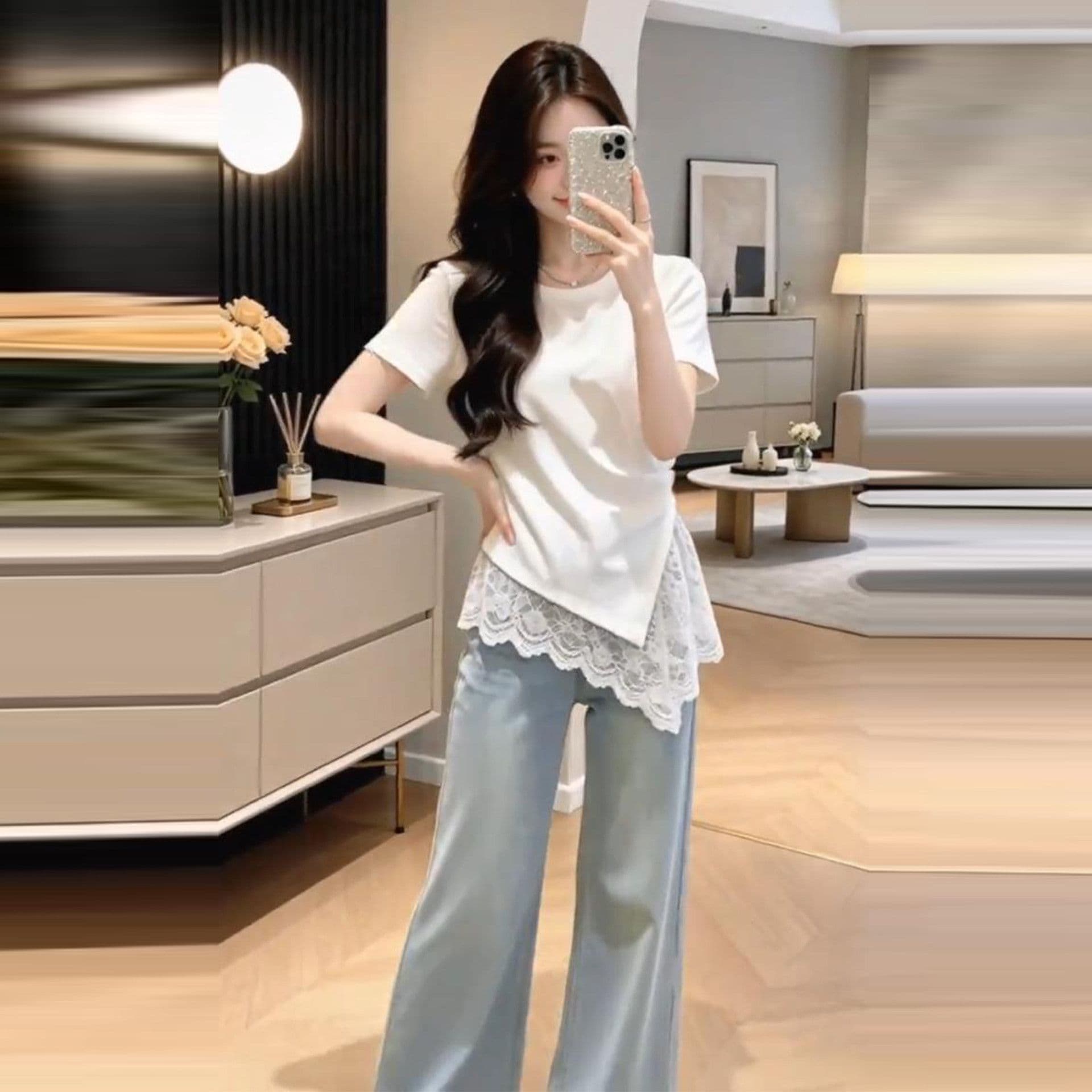 240 그램 순면 리브 92 면 8 암모니아 Lun 디자인 센스 레이스 조각 반팔 티셔츠 여성 여름 슬림해 보이는 맨위 이미지 2