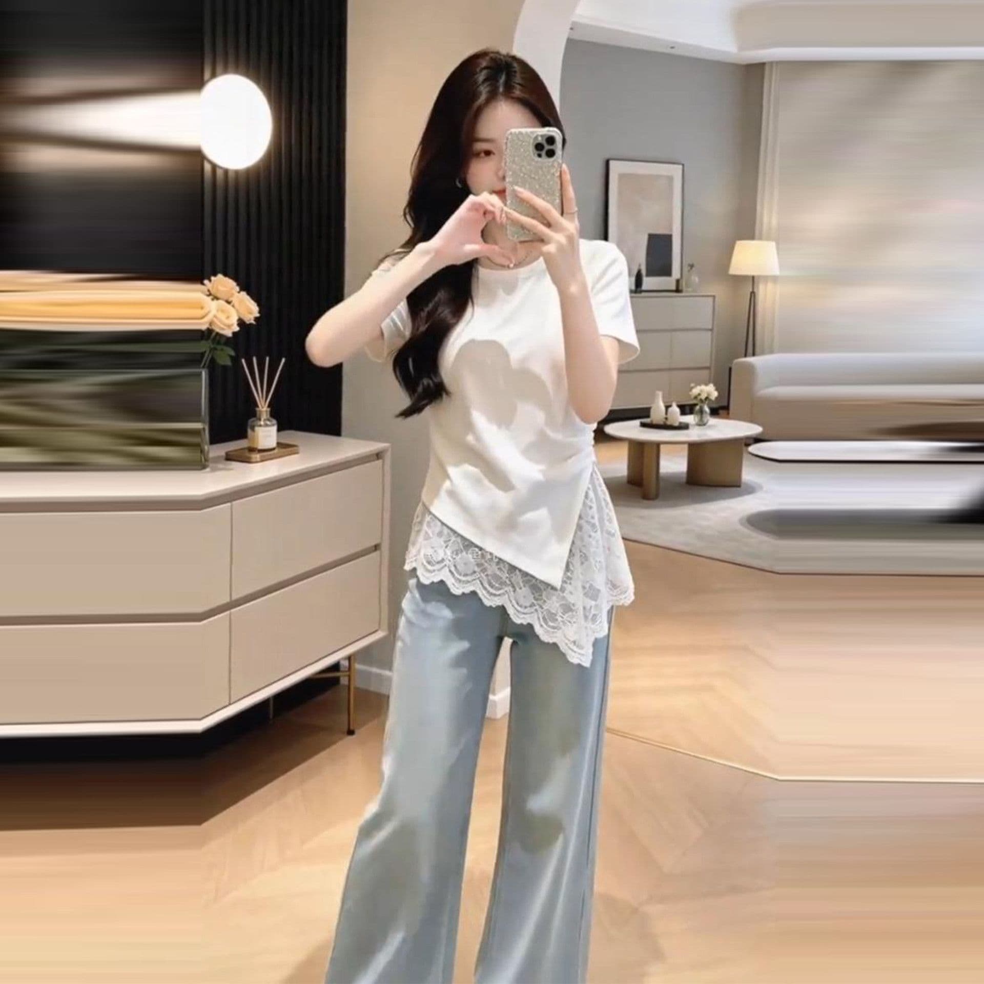 240 그램 순면 리브 92 면 8 암모니아 Lun 디자인 센스 레이스 조각 반팔 티셔츠 여성 여름 슬림해 보이는 맨위 이미지 4